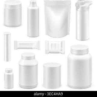 Sports nutrition mockup. Whey protein jar, sport supplement packaging 3d bottle tub white blank plastic container powder shake drink gym fitness set garish vector illustration original artwork Stock Vector