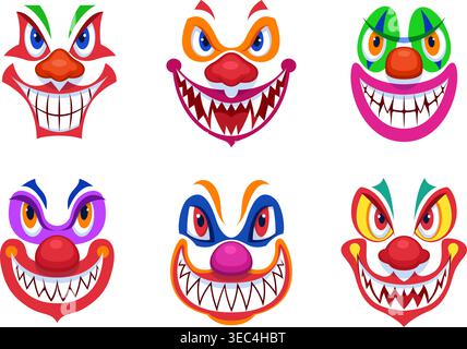 Clowns scary faces. Creepy evil clown makeup, halloween horror monster smile face mask mouth lips teeth nose joker crazy expression dead killer qualitative vector illustration original artwork Stock Vector