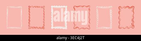 Pink scallop wavy crayon frames for Valentines Day greeting cards, romantic restaurant menu, girly birthday designs, bachelorette party, wedding invit Stock Vector