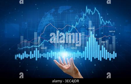 A digital representation of financial growth with graphs and charts over a blue background. The image showcases analytics and business insights for Stock Photo