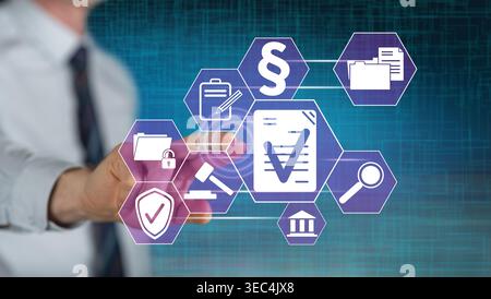 Man touching a validation concept on a touch screen with his finger Stock Photo