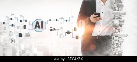 Businessman using smartphone with AI technology graphics representing digital transformation and innovation in modern urban landscape Quark. Stock Photo