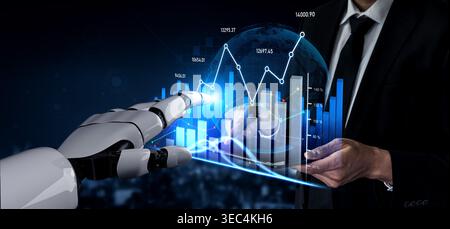 A robot hand points to advanced data charts while a businessman observes. The futuristic scene emphasizes technology role in business analytics and Stock Photo