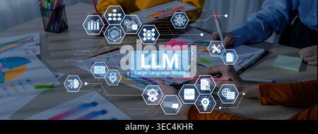 Large Language Model LLM processing data. Represents deep text learning, natural language processing NLP AI tech, transformer architecture, and Stock Photo