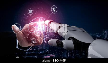 Artificial intelligence models neural signals for deep learning and cognitive computing. Train artificial intelligence to improve recognition Stock Photo