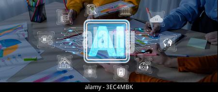 Hands of Diverse Individuals Collaborating on AI Projects with Digital Icons Representing Technology, Innovation, and Data Analysis in Modern Stock Photo