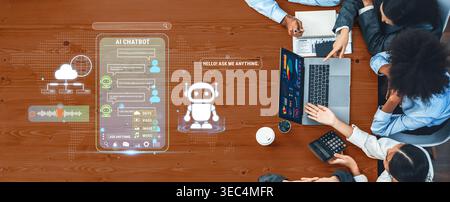 Overhead View of Diverse Professionals Engaging with AI Chatbot Technology in Modern Workspace with Laptops and Digital Interface Elements Fluxor. Stock Photo
