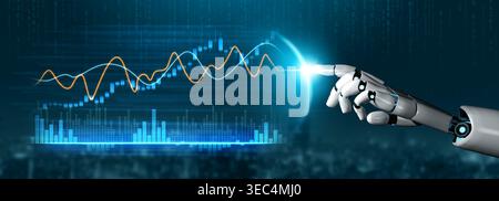 A robotic hand reaches out to engage with a digital stock market chart, symbolizing the intersection of technology and finance in modern trading and Stock Photo