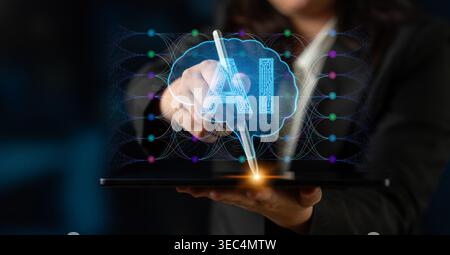 Business professional using digital tablet to interface with artificial intelligence technology for innovative solutions and creative projects in a Stock Photo