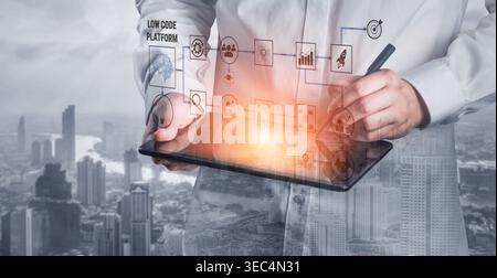Business Professional Engaging with Digital Low Code Platform in Urban Setting with Abstract Data Visualization and Technology Elements Quark. Stock Photo