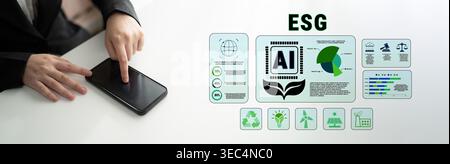 Modern Business Strategy Featuring ESG Metrics and AI Technology with Smartphone in Professional Office Setting Quark. Stock Photo