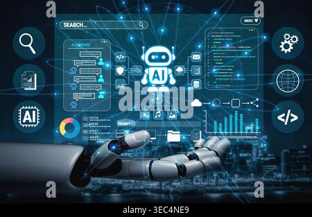 Futuristic Robot Hand Interacting with AI Data Visualizations and User Interface Elements Over City Skyline at Night Fluxor. Stock Photo