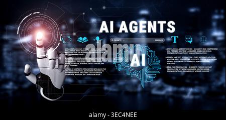 Futuristic AI Agents Concept with Robotic Hand and Neural Network Illustration in Digital Setting Quark. Stock Photo