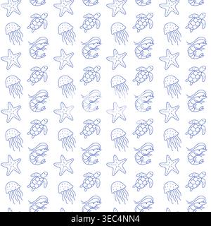 Seamless pattern with starfish, shrimp, jellyfish and turtle in blue line style on white background. Outline ocean life print.  Stock Vector