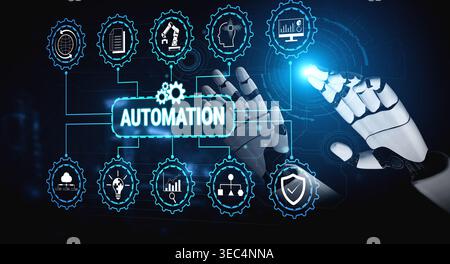 Futuristic Automation Concepts with Robotic Hand Interacting with Digital Interface for Technology, Innovation, and Industrial Applications Fluxor. Stock Photo
