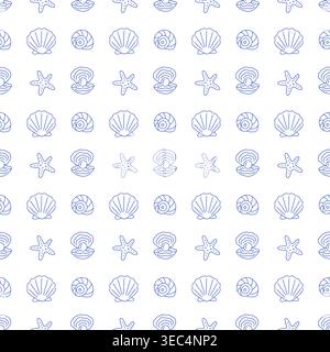 Seamless pattern with seashells, pearl oysters and starfish in blue line style on white background. Outline coastal print.  Stock Vector