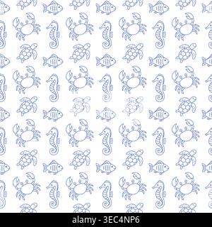 Seamless pattern with fish, turtle, crab and seahorse in blue line style on white background. Outline ocean life print Stock Vector