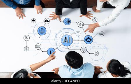 AI network diagram with connected technology icons for digital business. AI platform, analytics, AI automation, AI security for modern enterprise Stock Photo