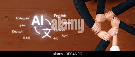 A creative graphic depicting diverse hands collaborating around an AI symbol, emphasizing unity and multilingual communication in the modern world of Stock Photo
