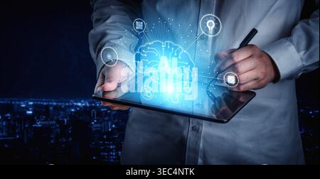 Artificial intelligence models neural signals for deep learning and cognitive computing. Train artificial intelligence to improve recognition Stock Photo