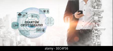 Businessman using smartphone with quantum cryptography graphics, showcasing modern technology and cybersecurity against urban background Fluxor. Stock Photo