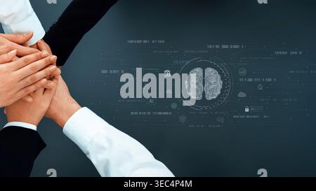 A diverse group of hands coming together symbolizes collaboration in technology. The abstract brain visualization represents innovation and new ideas Stock Photo