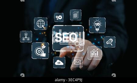 SEO concept for improving SEO visibility, with SEO related digital tools and SEO performance icons shown in an focused layout for strategic marketing Stock Photo