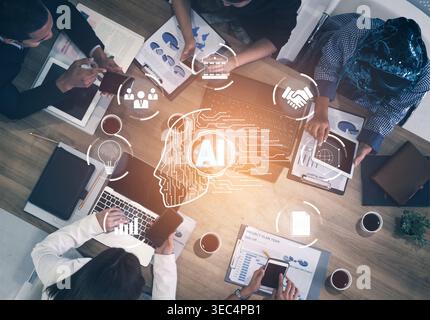 Diverse Team Collaborating on Artificial Intelligence Project with Data Analysis and Technology Integration Overhead View Quark. Stock Photo