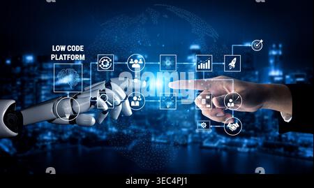 Hands of a humanoid robot and a human reaching out towards digital interface displaying low code platform concept in a futuristic cityscape background Stock Photo