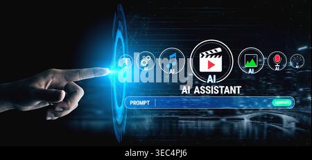 Hand Interacting with Digital Interface for AI Assistant Technology in Futuristic Setting with Animated Icons and Text Quark. Stock Photo