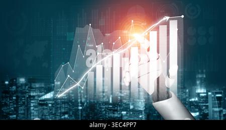 A hand gestures towards an upward trending financial graph, set against a modern city skyline, showcasing data visualization and analytics in business Stock Photo