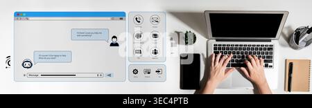 Hands Typing on Laptop with Messaging Interface and Communication Icons in a Modern Workspace Setting for Digital Interaction Sigmoid Stock Photo