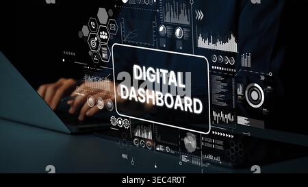 Professional Businessman Using Digital Dashboard Interface with Technology Graphics for Data Analysis and Visualization. Asymptotic smart data Stock Photo