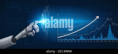 A humanoid robotic hand interacts with dynamic data visuals, symbolizing technological advancement and growth in finance analytics through digital Stock Photo