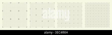 Square grid collection dashed micro geometry, four samples blueprint style. Broken stroke lattice structure, interface layouts editorial compositions planning dashboards digital technology graphics. Stock Vector