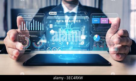 Business Professional Using Advanced Data Analytics Technology with AI Interface Displayed on Smartphone for Modern Business Solutions Fluxor. Stock Photo