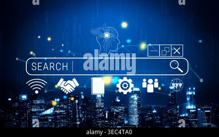 Conceptual digital illustration demonstrating search functionality integrated with technology, networking, and communication themed icons against a Stock Photo
