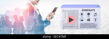 Businessman using smartphone to generate multimedia content with graphical interface and urban city background showcasing modern technology and Stock Photo