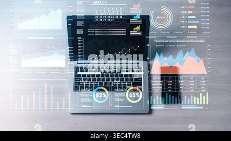 Modern Laptop Displaying Data Analytics and Business Graphs with Colorful Charts, Showing Financial Growth Trends and Performance Metrics in Office Stock Photo