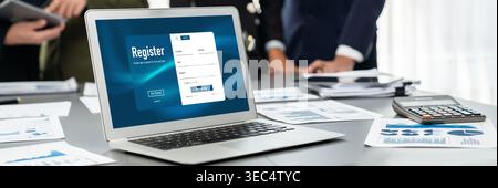 Panorama shot analyst team utilizing BI Fintech to analyze financial report with laptop. Businesspeople analyzing BI data dashboard displayed on Stock Photo