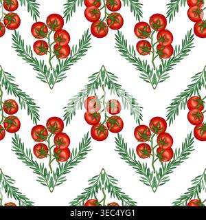 Tomato cherry slice and rosemary twig vector seamless pattern. Hand drawn vegetable zig zag on white background. Organic food for cafe menu design. Natural kitchen print for wallpaper and textile. Stock Vector