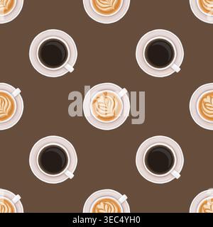 Cappuccino and espresso coffee cup vector seamless pattern. Hand drawn italian beverage on brown background. Sweet cafe menu design for restaurant. Kitchen print for wallpaper and product packaging Stock Vector