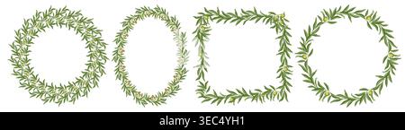 Olive branch frame set vector food illustration. Hand drawn round and oval wreath with green tree branch and leaves. Fresh organic ingredient for botanical menu design. Perfect for product packaging. Stock Vector