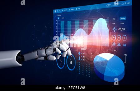 A modern robotic hand engages with a sophisticated digital dashboard, showcasing vibrant charts and analytics. This image represents the fusion of Stock Photo