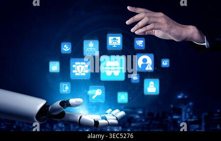 Artificial intelligence protects cybersecurity systems, detecting cyber attacks, blocking malware, and securing networks with smart defense technology Stock Photo