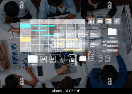 Digital visualization of multiple project timelines with progress tracking, documents, and team collaboration symbols Parse Stock Photo