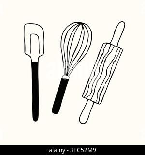 Three classic baking utensils a spatula, a balloon whisk, and a rolling pin, illustrated in a rustic hand drawn style. This vector graphic is Stock Vector
