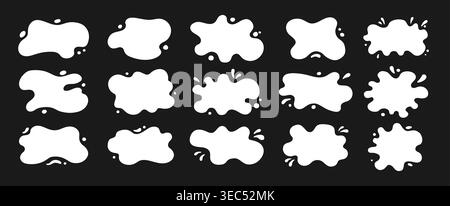 Milk stains, fluid puddles splashes, drops blobs. Liquid shapes and frames with uneven wavy edges set. Rounded organic forms. Smooth glossy blotches, soft spills drips abstract shapes text backgrounds Stock Vector