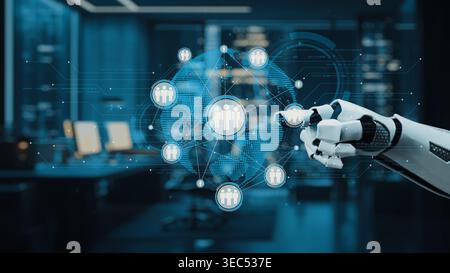 A robotic hand delicately interacts with a digital globe showcasing human icons, symbolizing advanced technology and global connectivity within a Stock Photo