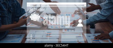 Group of professionals collaborating on AI chatbot project with data analysis and strategy. Modern workspace features documents, technology, and Stock Photo